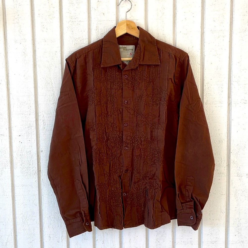 Men’s Small Brown Embroidered Button Down Shirt by Cultural Revolution